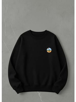 Lorvex Oversize Unısex Bisiklet Yaka Sweatshirt Minimalist Yuvarlak Kaktüs Baskılı