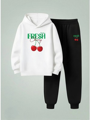 Lorvex Kız Çocuk Kapüşonlu Sweatshirt-Eşofman Takım Petit Kiraz Baskılı 3 Iplik Şardonlu