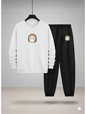 Lorvex Çocuk Bisiklet Yaka Sweatshirt ve Eşofman Takım Tatlı Kirpi Baskılı 3 Iplik Şardonlu