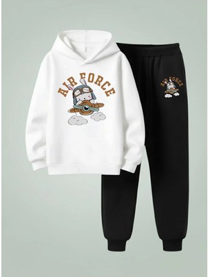 Lorvex Çocuk Kapüşonlu Takım Aır Force Baskılı 3 Iplik Şardonlu Sweatshirt-Eşofman Takım