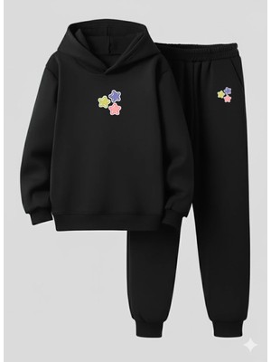Lorvex Kız Çocuk Kapüşonlu Takım 3 Yıldız Baskılı 3 Iplik Şardonlu Sweatshirt-Eşofman Takım