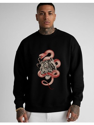 Lorvex Sweatshirt Oversize Unisex Bisiklet Yaka Kaplan ve Yılan Baskı