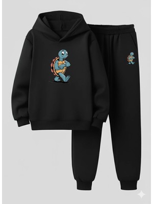 Lorvex Çocuk Kapüşonlu Takım I Am A Turtle Baskılı 3 Iplik Şardonlu Sweatshirt-Eşofman Takım