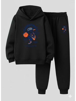 Lorvex Erkek Çocuk Kapüşonlu Takım Iskelet Basket Baskılı 3 Iplik Şardonlu Sweatshirt-Eşofman Takım
