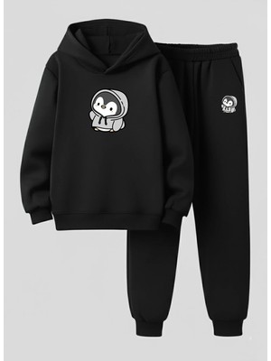 Lorvex Çocuk Kapüşonlu Takım Sevimli Penguen Baskılı 3 Iplik Şardonlu Sweatshirt-Eşofman Takım