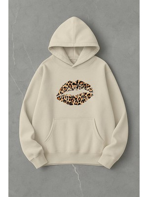 Lorvex Leopar Dudak Ön Baskı Oversize Unisex Kapüşonlu Sweatshirt