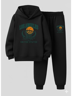 Lorvex Erkek Çocuk Kapüşonlu Takım Basket Potası Baskılı 3 Iplik Şardonlu Sweatshirt-Eşofman Takım