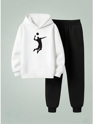 Lorvex Unısex Çocuk Sweatshirt-Eşofman Takım (Kapüşonlu Takım) Voleybol Smaç Baskılı 3 Iplik Şardonlu