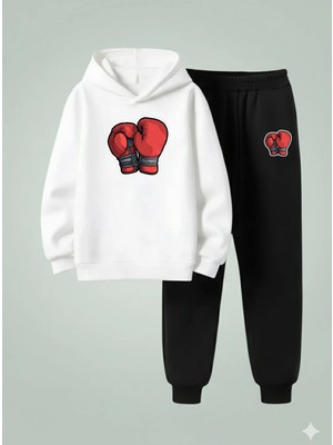 Lorvex Erkek Çocuk Kapüşonlu Takım Boks Baskılı 3 Iplik Şardonlu Sweatshirt ve Eşofman Kalın Kışlık
