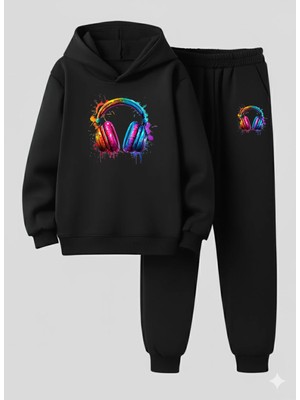 Lorvex Çocuk Kapüşonlu Takım Kulaklık Baskılı 3 Iplik Şardonlu Sweatshirt Eşofman Kalın Kışlık Spor Kombin