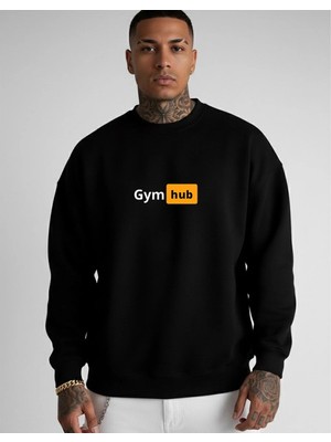 Lorvex Erkek Oversize Bisiklet Yaka Siyah Sweatshirt Gym Hub Baskılı