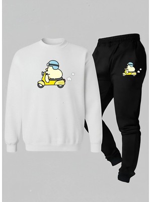 Lorvex Çocuk Takım (Sweatshirt-Eşofman) Bisiklet Yaka Kasklı Civciv Baskılı 3 Iplik Şardonlu