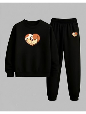 Lorvex Unısex Çocuk Sweatshirt-Eşofman Takım Bisiklet Yaka Köpek Kedi Aşkı Baskılı 3 Iplik Şardonlu