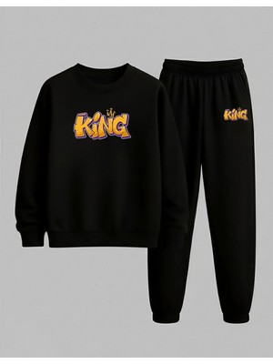 Lorvex Sweatshirt-Eşofman Takım Erkek Çocuk Bisiklet Yaka Yellow King Baskılı 3 Iplik Şardonlu