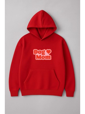 Lorvex Kırmızı Dog Mom Ön Baskılı Oversize Pamuklu Sweatshirt