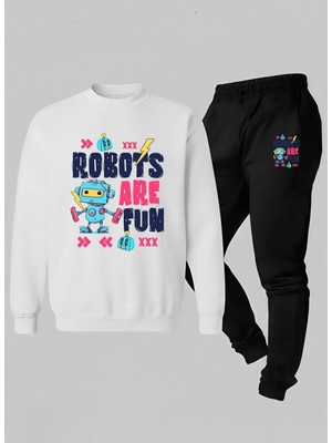 Lorvex Sweatshirt-Eşofman Çocuk Takım Bisiklet Yaka Robots Baskılı 3 Iplik Şardonlu