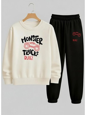 Lorvex Erkek Çocuk Beyaz Sweatshirt-Eşofman Takım Bisiklet Yaka Monster Truck Rule Baskılı 3 Iplik Şardonlu