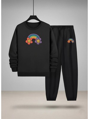 Lorvex Kız Çocuk Sweatshirt-Eşofman Takım Bisiklet Yaka Renkli Çiçekler Baskılı 3 Iplik Şardonlu