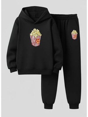 Lorvex Sweatshirt-Eşofman Takım Çocuk Kapüşonlu Takım Çizgili Pop Corn Baskılı 3 Iplik Şardonlu