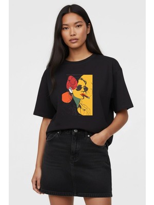 Lorvex Kadın Oversize T-Shirt Renkli Çizim Kadın Baskılı %100 Pamuklu Tişört