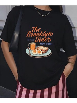 Lorvex The Brooklyn Diner Baskılı Oversize Unisex Pamuklu Tshirt-Tişört