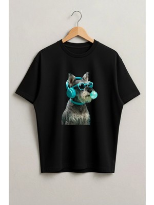 Lorvex Mavi Sakız Kulaklıklı Köpek Baskılı Oversize Unisex Pamuklu Tshirt-Tişört