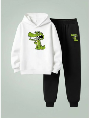 Lorvex Çocuk Kapüşonlu Takım Selam Veren Timsah Baskılı 3 Iplik Şardonlu Sweatshirt-Eşofman Takım