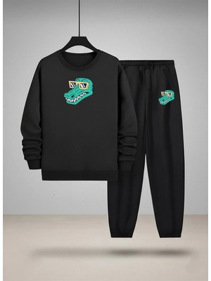 Lorvex Çocuk Sweatshirt-Eşofman Takım Bisiklet Yaka Dinazor Kafası Baskılı 3 Iplik Şardonlu