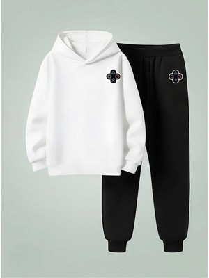 Lorvex Erkek Çocuk Kapüşonlu Takım Kol Düğmeleri Baskılı 3 Iplik Şardonlu Sweatshirt-Eşofman Takım