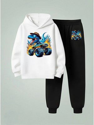 Lorvex Çocuk Erkek Eşofman-Sweatshirt Takım Yarışçı Dinazor Baskılı 3 Iplik Şardonlu