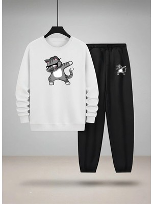 Lorvex Baskılı Eşofman Takım Çocuk Sweatshirt Bisiklet Yaka Havalı Kedi Baskılı 3 Iplik Şardonlu