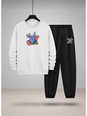 Lorvex Erkek Çocuk Sweatshirt-Eşofman Takım Bisiklet Yaka Mavi Rock Baskılı 3 Iplik Şardonlu