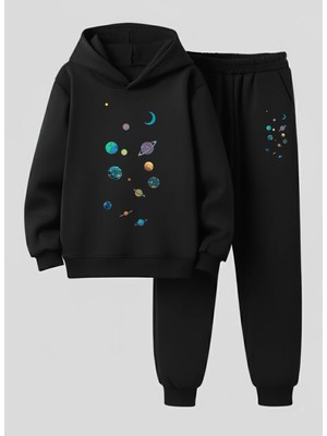 Lorvex Sweatshirt-Eşofman Takım Çocuk (Kapüşonlu) Gezegenler Baskılı 3 Iplik Şardonlu
