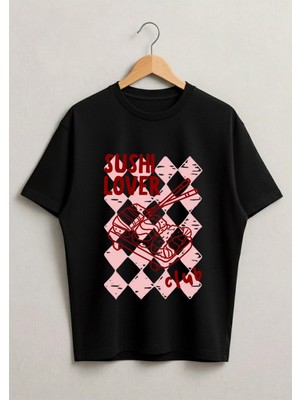 Lorvex Sushi Lover Club Baskılı Oversize Kadın %100 Pamuklu Tshirt-Tişört