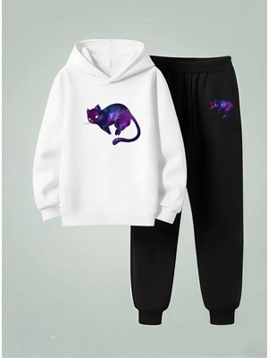 Lorvex Sweatshirt-Eşofman Takım Çocuk (Kapüşonlu) Mor Renkli Kedi Baskılı 3 Iplik Şardonlu