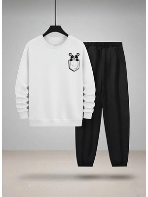 Lorvex Çocuk Sweatshirt-Eşofman Takım Bisiklet Yaka Cepteki Panda Baskılı 3 Iplik Şardonlu