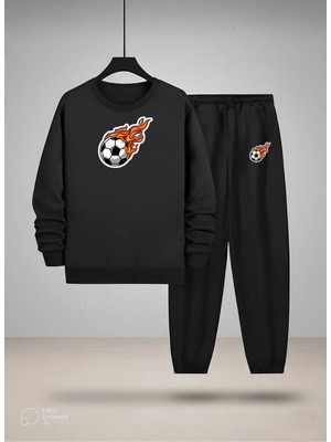 Lorvex Erkek Çocuk Bisiklet Yaka Sweatshirt ve Eşofman Takım Yanan Top Baskılı 3 Iplik Şardonlu