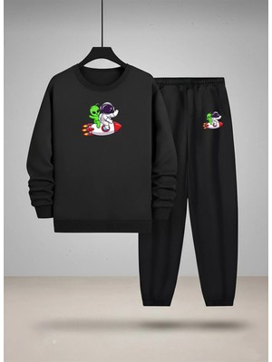 Lorvex Çocuk Bisiklet Yaka Sweatshirt ve Eşofman Takım Uzay Gemisi Yolculuğu Baskılı 3 Iplik Şardonlu