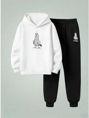 Lorvex Unısex Sweatshirt-Eşofman Takım Çocuk (Kapüşonlu) Şaşkın Güvercin Baskılı 3 Iplik Şardonlu
