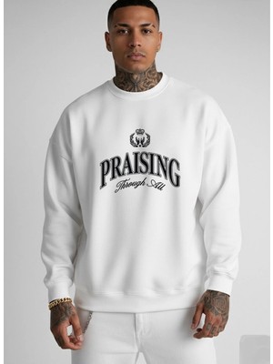 Lorvex Sweatshirt Oversize Unısex Beyaz Bisiklet Yaka Praısıng Baskılı