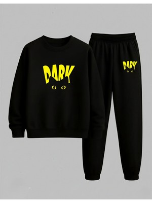 Lorvex Sweatshirt-Eşofman Takım Unısex Çocuk Bisiklet Yaka Cat Dark Baskılı 3 Iplik Şardonlu