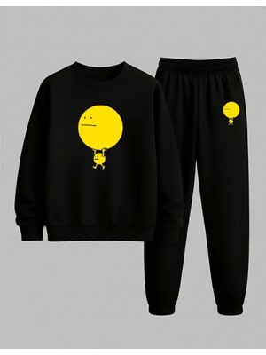 Lorvex Erkek Çocuk Sweatshirt-Eşofman Takım Bisiklet Yaka Sarı Büyük Emoji Baskılı 3 Iplik Şardonlu