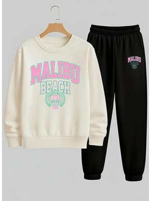 Lorvex Bisiklet Yaka Beyaz Sweatshirt-Eşofman Takım Çocuk Malıbu Beach Baskılı 3 Iplik Şardonlu