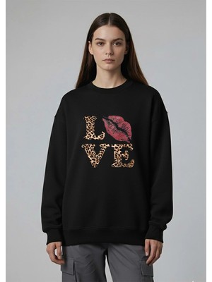 Lorvex Kadın Oversize Bisiklet Yaka Sweatshirt Leopar Love Baskılı