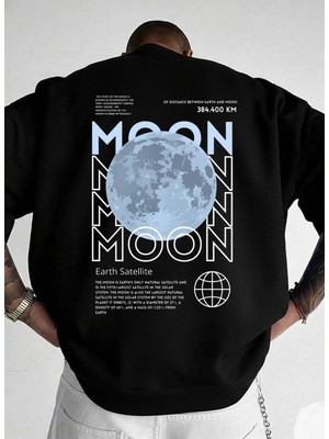 Lorvex Unisex Oversize Bisiklet Yaka Siyah Sweatshirt Blue Moon Baskılı