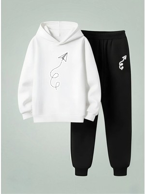 Lorvex 3 Iplik Şardonlu Çocuk Sweatshirt-Eşofman Takım (Kapüşonlu) Kağıt Uçak Baskılı