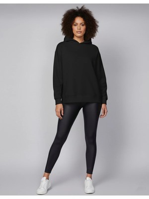 Lorvex Tayt Sweatshirt Kombin Kadın Siyah Parlak Tayt Yüksek Bel Toparlayıcı + Oversize Sweat Pamuk Takım