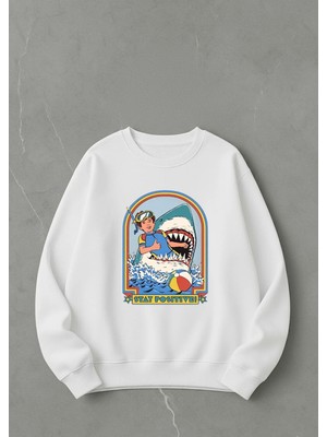 Lorvex Sweatshirt Unısex Baskılı 100% Pamuk Oversize Stay Positive Poster Sweatshirt