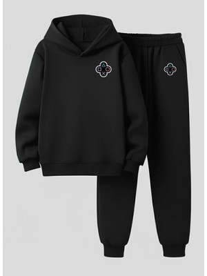 Lorvex Erkek Çocuk Kapüşonlu Takım Kol Düğmeleri Baskılı 3 Iplik Şardonlu Sweatshirt-Eşofman Takım