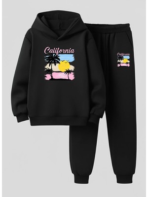 Lorvex Çocuk Kapüşonlu Takım Renkli Palmiye Baskılı 3 Iplik Şardonlu Sweatshirt-Eşofman Takım